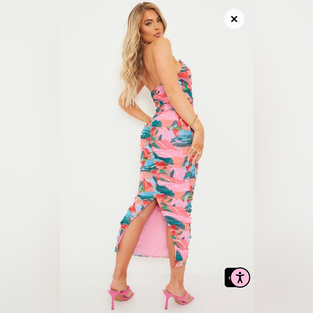 Multi Tropical Pointed Bandeau Mesh Ruched Midaxi Dress